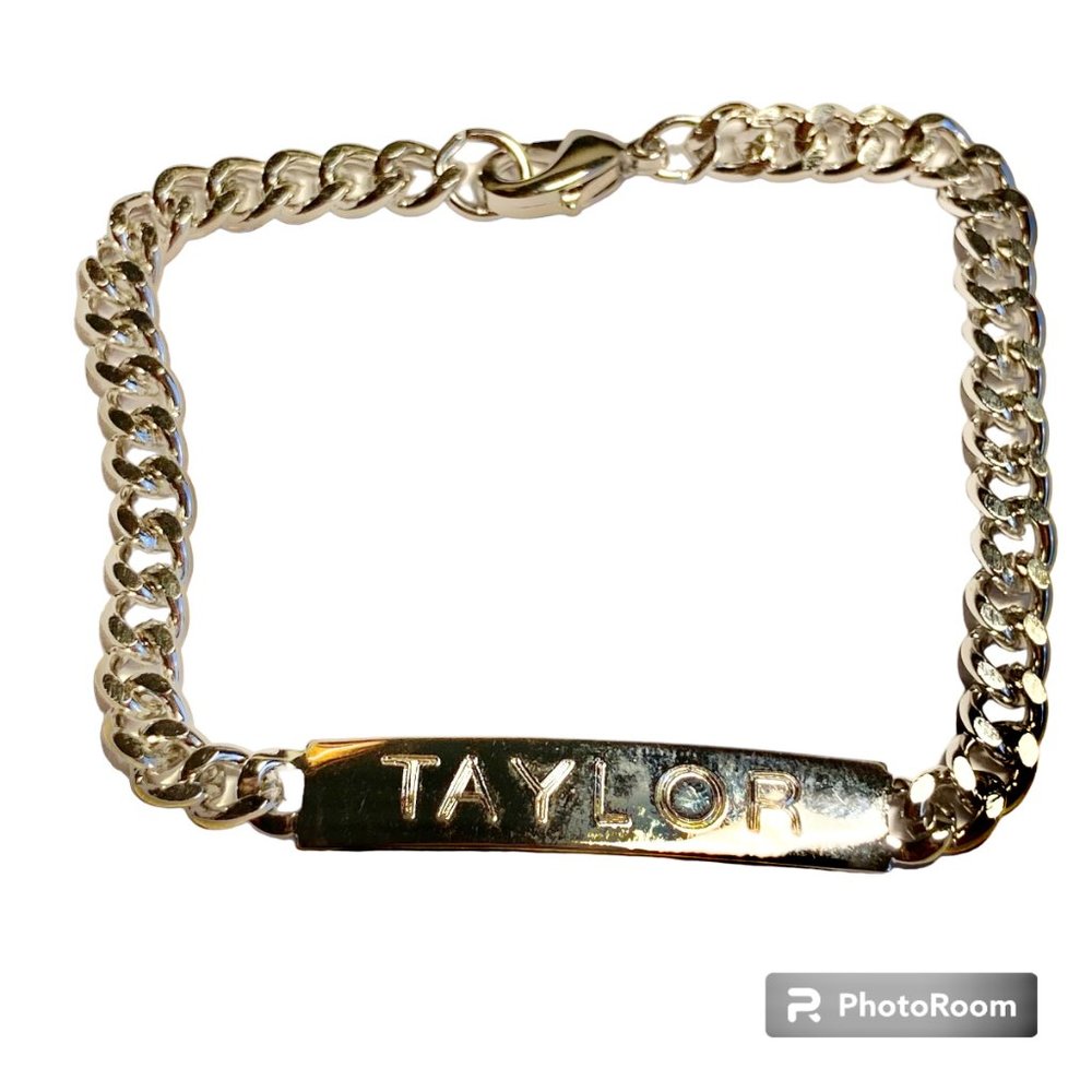 Vintage Name ID Bracelet TAYLOR Silver Tone Rhodium Plated 7.5" Girls Teen 90's
